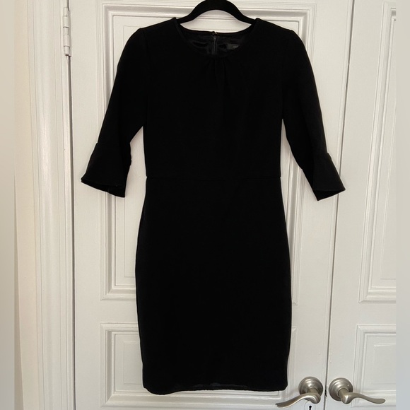 J. Crew Black 3/4 Bell Sleeves w/ Knee Length Skirt Sheath Formal Lined Dress 2 - Picture 2 of 9
